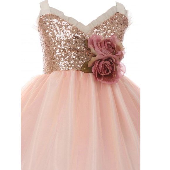 Sequin Bodice Ruffle Bias Trim Girl Dress Blush - Picture 2 of 4